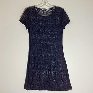 Brentwood Dress Womens Small Purple Navy Crochet Knit Sheer Short Sleeve A-Line